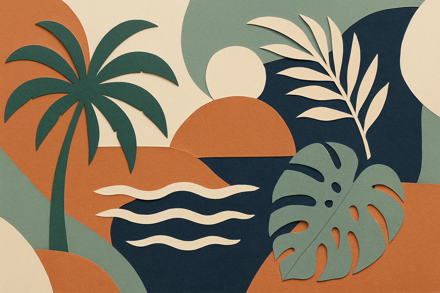 Modern collage aesthetic combining tropical elements with abstract shapes, cut-paper style, muted tropical color palette of terracotta, sage, cream and navy, contemporary graphic design, sophisticated beach house art, clean edges, balanced composition, high-end interior design magazine quality --ar 16:9 --v 6